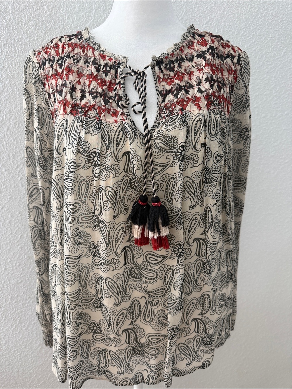Sundance Cream Paisley Peasant Blouse with Black & Red Accents